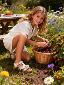 2026 New 1 Pair Girls Sandals, Beige 3D Floral Decor Criss-Cross Strap Faux Leather Non-Slip Open Toe Thick Sole Sandals, Sweet Princess Style, Suitable For Summer Daily And School Wear - Màu be - Xem 9