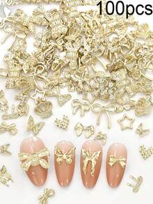 [50 Stück/100 Stück] Y2K Gold Schleife Nagel Schmuck, Gold Metall Schleife Nail Art Dekorationen, Luxus Nagel Accessoires, DIY Nagel Dekoration, geeignet für Frauen und Mädchen Nägel - Gold - Übersicht 4