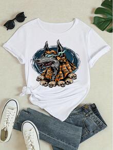 Damen Anubis Grafik Muster T-Shirt Kurzarm Rundhals Lässig Tee mit Totenkopf Muster, inspiriert von ägyptischer Mythologie Streetwear Oberteil - Weiss - Übersicht 4