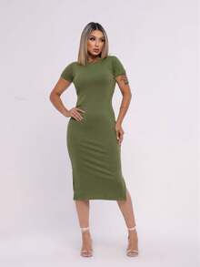 Vestido Feminino Canelado Midi Fenda lateral Casual e Elegante Manga Curta - Verde Pistache - Visão 6