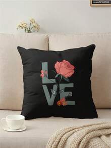 1件黑色背景花卉印花装饰枕套，家居装饰靠垫套，不含填充物，斋月、情人节礼物及装饰枕 - 彩色 - 查看 15