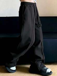 Men's Black Draped Wide Leg Pants With Drawstring Design, Loose Casual Trousers - Black - View 3