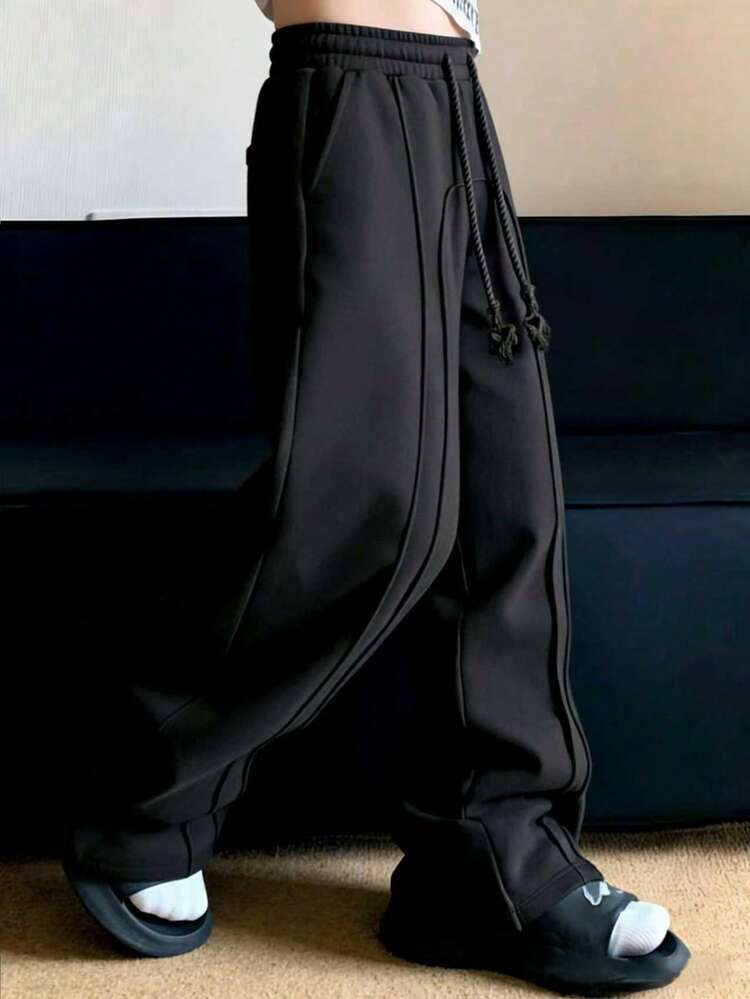 HEYKESON Men's Black Draped Wide Leg Pants With Drawstring Design
