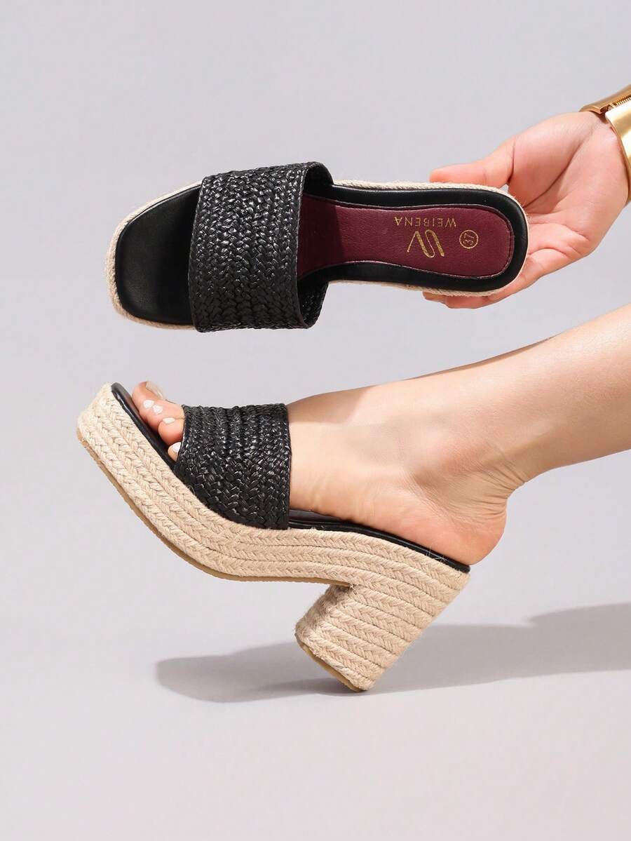 麻绳坡跟凉鞋，露趾绑带，夏季度假休闲高跟防水一脚蹬拖鞋，日常时尚女鞋