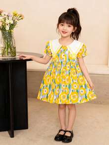年轻女孩夏装，可爱公主裙，新款儿童服装，年轻女孩长裙夏季服装 - 黃色 - 查看 11