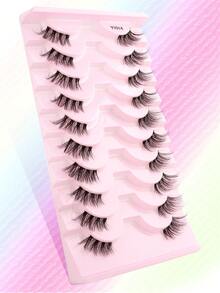 10 Pairs Natural Criss-Cross Half-Eye False Eyelashes, 3D Lengthening Transparent Stem Faux Mink Makeup Curly Lashes, Suitable For Girls Daily Dating To Enlarge Eyes - 黑色 - 查看 5