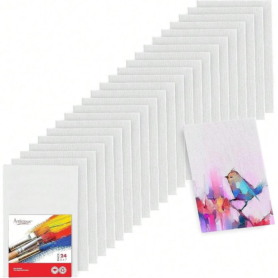 Canvases For Painting - Pack Of 24, 5 X 7 Inch Blank White Canvas Boards - 1OO% Cotton Art Panels For Oil, Acrylic & Watercolor Paint - 5x7吋-24片 - 查看 1