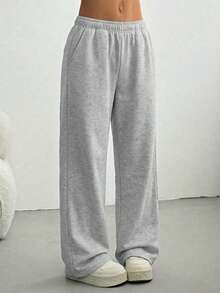 1pc Girl & Girls Casual Fashionable Elastic Waist Loose Straight Leg Pants, Versatile, New Arrival Spring/Autumn - Light Grey - View 2