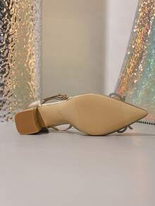 Spring New Fashion Women's Pointed Toe Valentine's Day High Heel Shoes, Hollow Out Chunky Heel Gold Bow Casual Comfortable Shoes - Gold - View 4