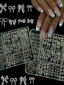120pcs 3D Silver Bow Nail Art Charms, 12-Grid Y2K Alloy Bow Nail Art Charms, Luxury Shiny Silver Bow Nail Art Studs, 12 Types Silver Bow Nail Art Charms DIY - Multicolor - View 2