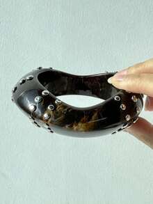 棕黑色不对称扎染银铆钉树脂手链，Y2K夸张风格女士秋冬珠宝，千禧年百搭日常及派对配饰 - 彩色 - 查看 6