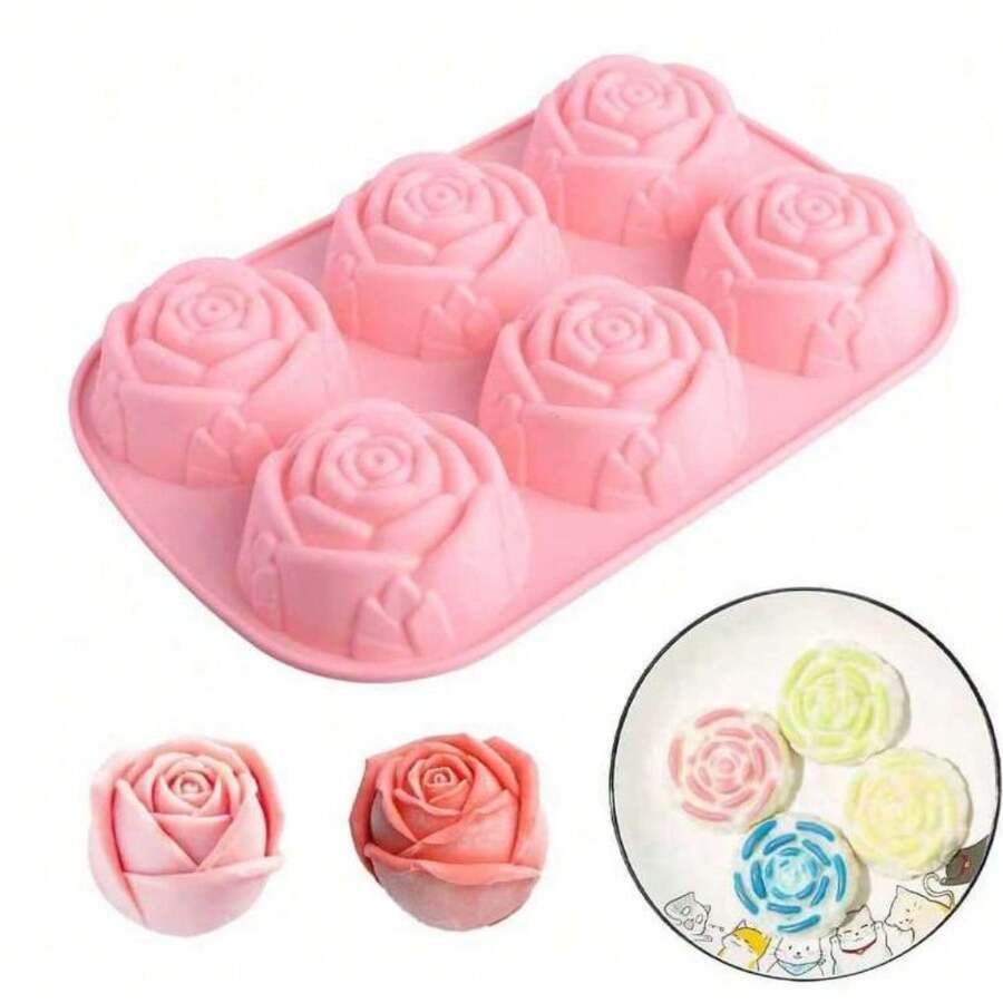 1pc 6-Cavity Rose Silicone Mold - Valentine's Day Rose Chocolate Candy Mold, DIY Flower Mousse Ice Cream Tray, Also Suitable For Making Cookies, Gummies, Soap - Multicolor - View 1