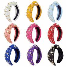1 Peça Faixa de Cabelo Casual Sólida Fofa e Elástica com Pérolas Falsas Trançadas, Acessório de Moda para Transporte, Adequado para Todos, Tiara, Arco de Cabelo - Vermelho - Visão 2