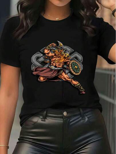 Women's Short Sleeve T - Shirt Viking Warrior Graphic Print Casual Crew Neck Regular Fit Tee Top For Summer Streetwear Fashion