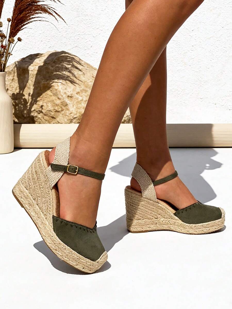 Women's High Wedge Platform Sandals In A Bohemian Style, Espadrille Sandals For Beach Holidays With A Jute Sole, Perfect For Dates And Work In Summer - Dark Green - View 1