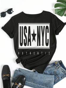 Damska koszulka z krótkim rękawem USA NYC z nadrukiem graficznym, luźny krój, luźny krój, luźna koszulka na co dzień, modna na lato - Czarne - Zobacz 5
