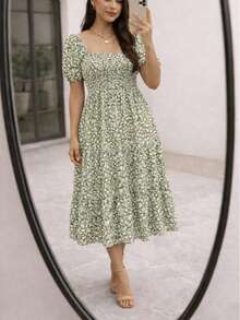 Women Long Dresses - Flowery Green - View 2