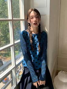 女士波点条纹印花长袖修身T恤 - 藍色 - 查看 4