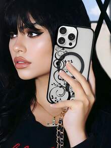 1pc Black Lace Floral Pattern Magnetic Clear Phone Case Premium Feel Never Yellowing 1800 Gauss Strong Magnet Shockproof Protection Holiday Gift For Girlfriend Or Self Use Compatible With Apple Phone 17 16 15 14 13 12 11 XSMAX XS X Series Galaxy S25 S24 S23 S22 Series - 黑色 - 查看 2