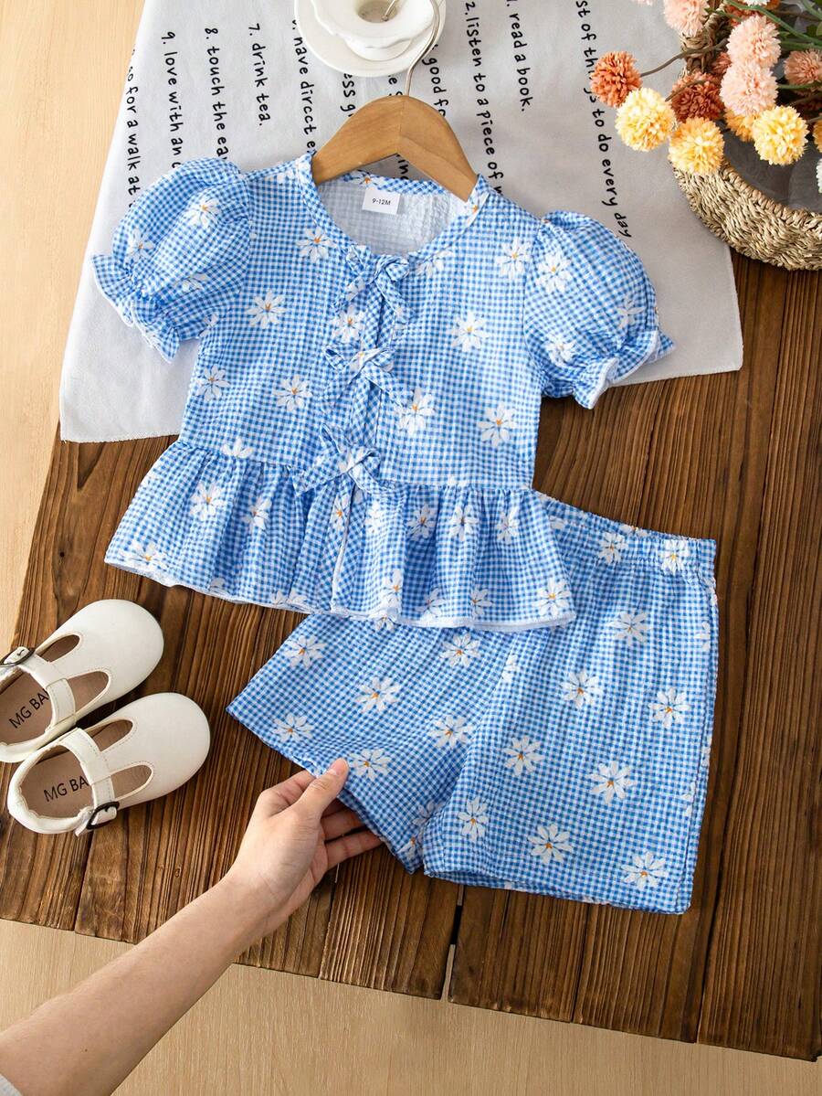 2件套女婴夏季雏菊印花蝴蝶结装饰前开襟泡泡袖上衣+配套可爱短裤套装 - 藍色 - 查看 1