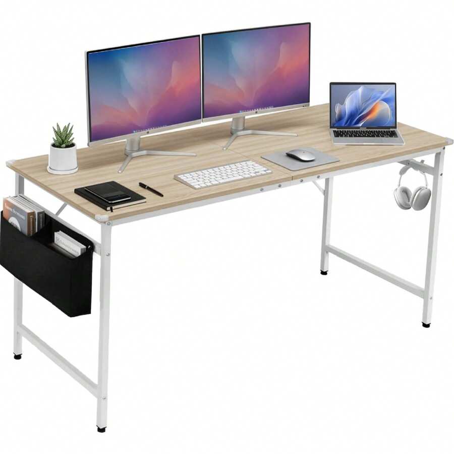 63 Inch Computer Office, Modern Simple Gaming Desk With Side Fabric Drawer & Hook Up, Wear-Resistant Surface, Writing Desk Work Desk For Bedroom, Living Room, Oak Grey - Oak Grey - View 1