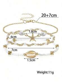 3pcs/Set Summer Beach Style Metal Starfish & Shell Beaded Glass Bracelet Set For Women - 彩色 - 查看 8