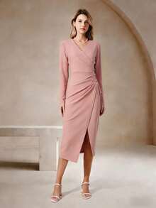 ELYRADIA Đầm dạ hội trang trọng, màu trơn, chất liệu vải dệt thanh lịch, kiểu dáng xoắn chéo, bất đối xứng, thích hợp cho mùa xuân/hè. - Màu Hồng baby - Xem 4