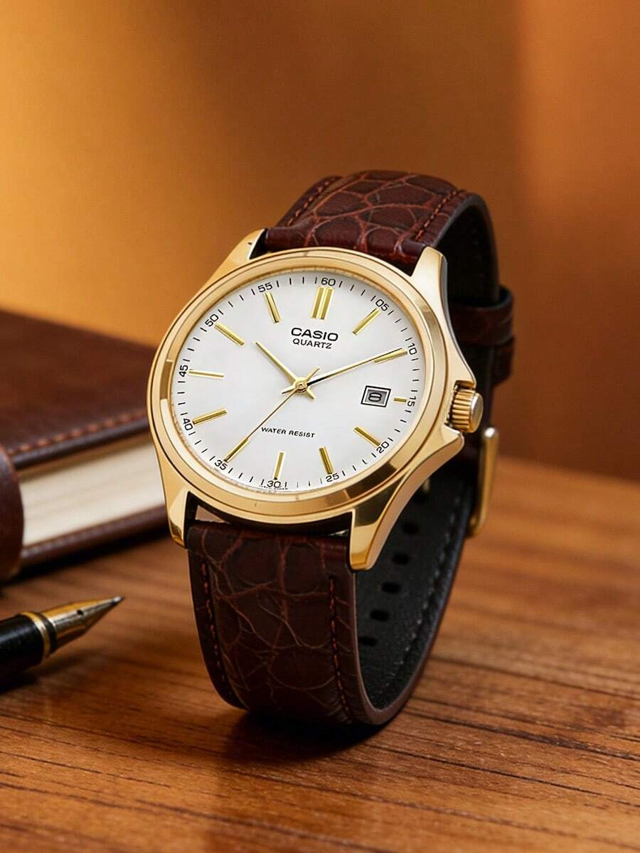 Casio DRESS系列时尚简约休闲商务指针罗马数字日期显示防水石英机芯真皮表带日韩风格女士腕表,白色表盘 MTP-1183Q-7A - 白色 - 查看 1