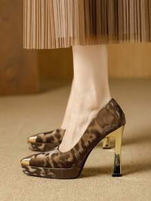 Women's Fashion Shoes, New Spring/Autumn European And American Style Party Shoes, Thick Bottom Metallic Pointed Toe Leopard Print Super High Heel Slip-On Pumps, Suitable For Casual, Holiday, Party, Date - Brown - View 6