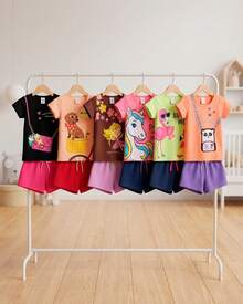 Kit Sortido 8 Peças de Roupas Infantil Bebê Menina (4 Camisetas + 4 Shorts) Kit 4 Conjuntos Bebê - Multicolorido - Visão 5