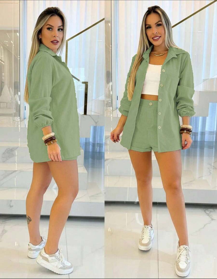 Linen Shirt And Shorts Set - Mint Green - View 1