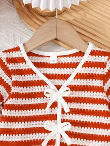 两件套女婴条纹蝴蝶结上衣和简约长裤优雅时尚套装 - 紅色 - 查看 3