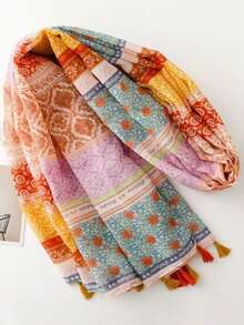 قطعة واحدة وشاح مطبوع جديد وأنيق عالي الجودة مزين بشرابات، مناسب للتنقل والسفر والملابس اليومية العادية، ألوان الشرابات عشوائية - البرتقالي - مشاهدة 1