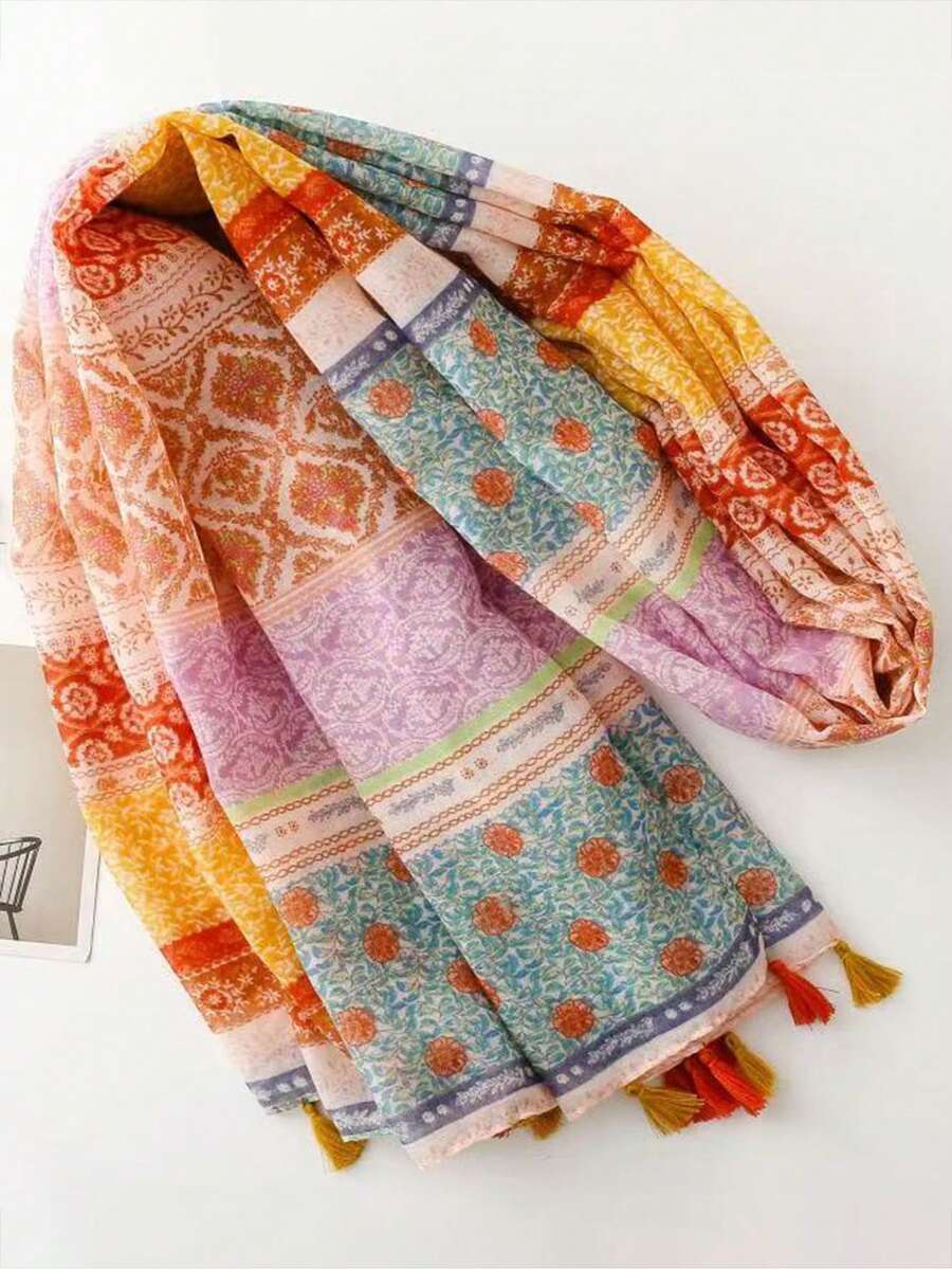 قطعة واحدة وشاح مطبوع جديد وأنيق عالي الجودة مزين بشرابات، مناسب للتنقل والسفر والملابس اليومية العادية، ألوان الشرابات عشوائية - البرتقالي - مشاهدة 1