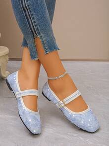 Plus Size EU35-43 Fashionable Sequin Square Toe Flat Shoes, Slip-On Daily Wear Flat Shoes With Buckle, Suitable For Dresses, Multiple Colors & Patterns Available, Spring/Autumn - Light Blue Lace With White Sequins - View 4