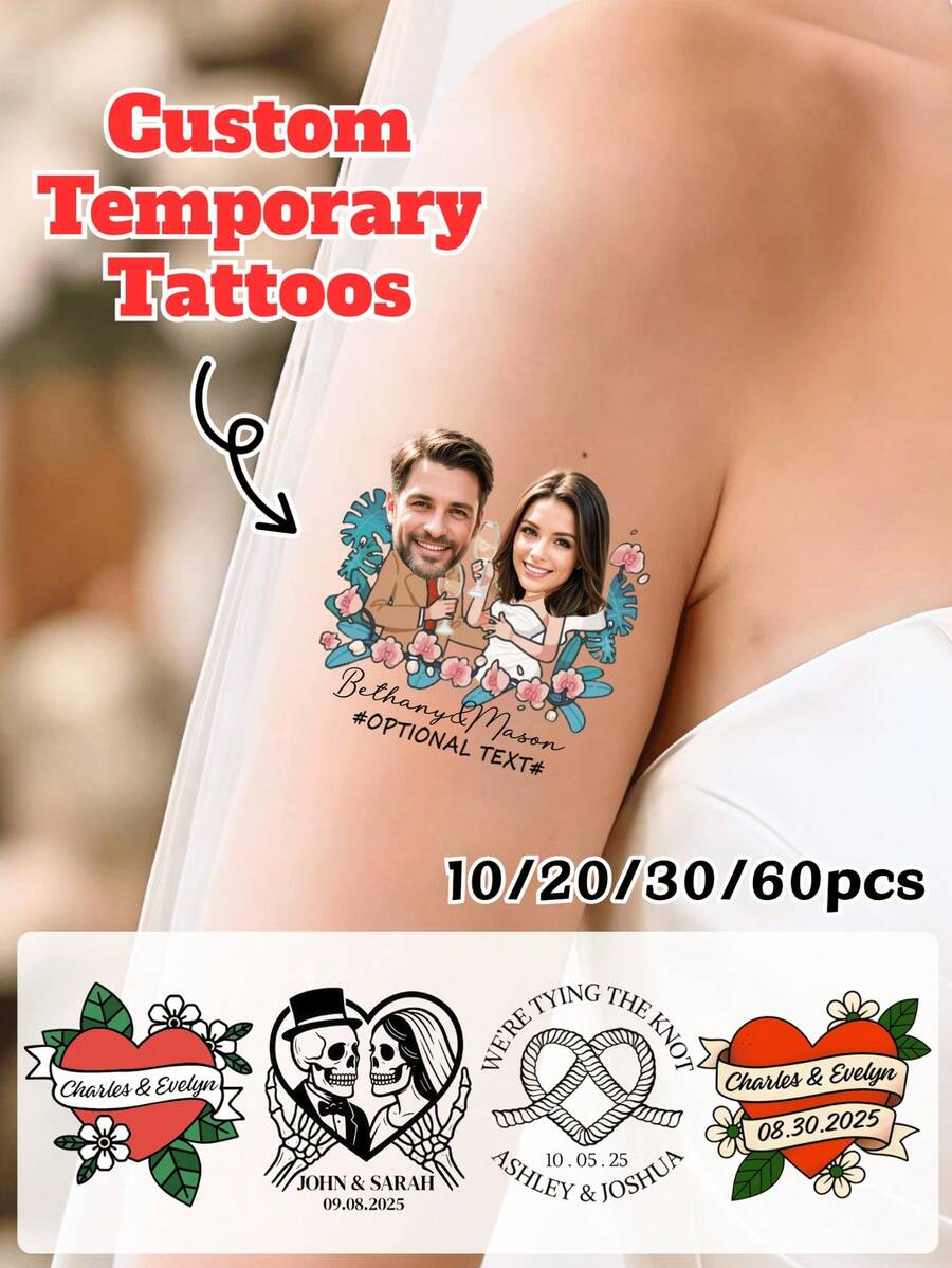 10/20/30/60pcs Customized Temporary Tattoo Stickers - Personalized Name Tattoos For Couples, Body Art For Valentine's Day, Romantic Heart Designs, Suitable For Weddings, Bachelorette Parties, Engagements, Birthdays, Graduations, Back To School Events, Cocktail Parties, Fashionable Personalized Gifts For Men And Women, Popular Party Accessories