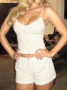Summer Sexy V-Neck Fitted Camisole And Loose Shorts 2 Pieces Set - White - View 7