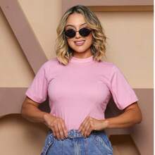 Blusas T-shirt Gola Alta Blusa  Feminina Gola Alta em Ribana Camiseta básica 100% Algodão Premium - Rosa Bebê - Visão 1