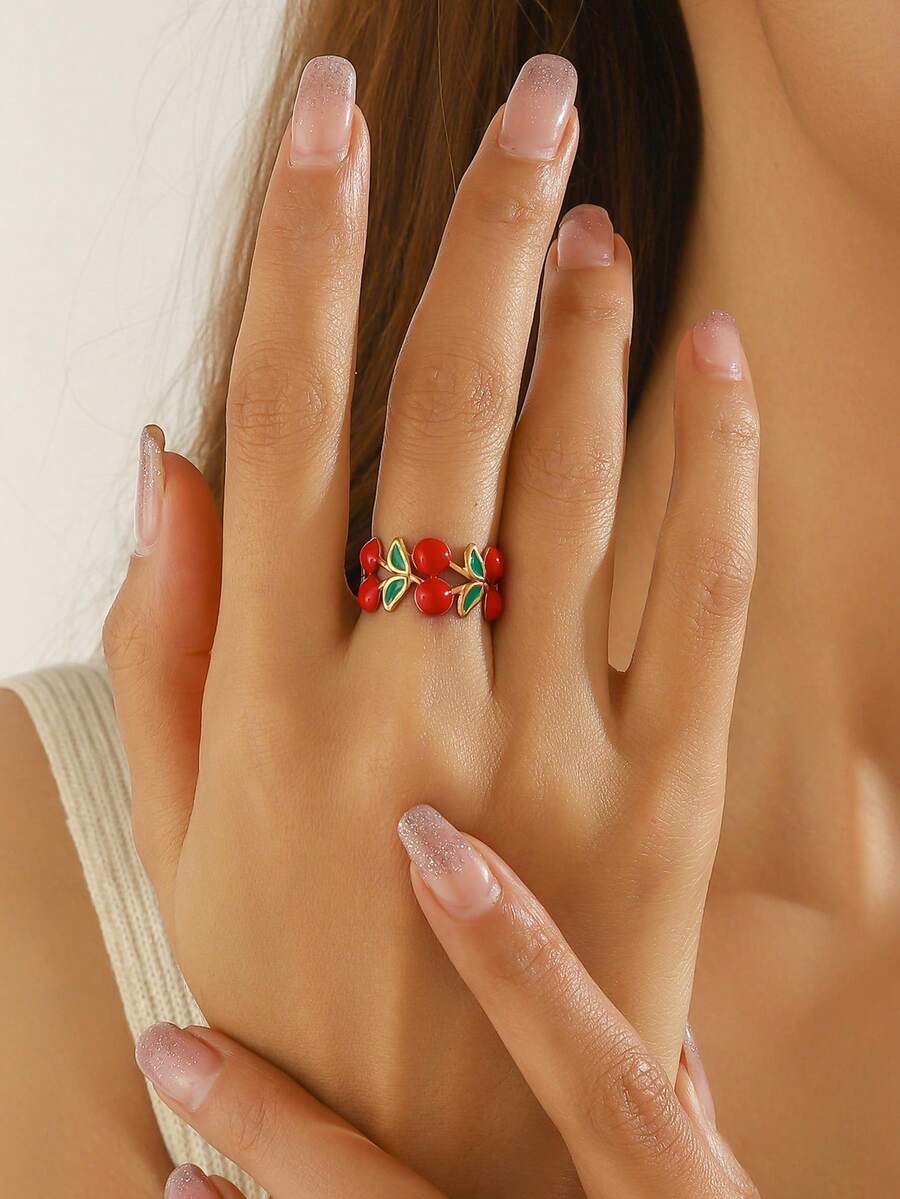 18K Gold Plated Adjustable Stainless Steel Ring, Decorated With Red Cherry Pattern, Suitable For Women's Daily Wear, Non-Fading, Colorful Beach Resort Style Accessory For Spring, Gift For Valentine's Day And Mother's Day - Yellow Gold - View 1