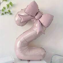 2pcs Large Light Pink Number Balloons 0-9, With Pink Bow Foil Balloon Set, Suitable For Birthday Party, Valentine's Day, Gathering Decoration, Anniversary, Holiday Celebration, Outdoor Party, Scene Atmosphere, Photo Decoration Balloons Supply. Anniversary, Outdoor Party Decoration, Decorative Balls, Fashionable Party Decoration, Reusable Decoration, Premium Foil, Celebration Balloons, Photo Background, Party Organizer, Event Planner