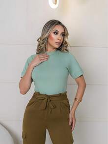 Blusas T-shirt Gola Alta Blusa  Feminina Gola Alta em Ribana Camiseta básica 100% Algodão Premium - Verde Menta - Visão 3