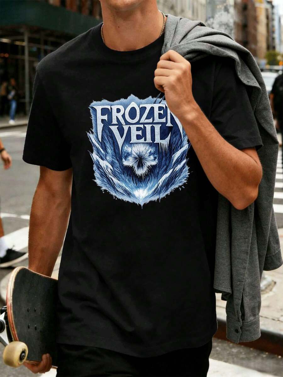 T-shirt noir imprimé Frozen Veil, tissu de qualité, coupe décontractée, style streetwear hip-hop, confortable, design graphique - Noir - Voir 1