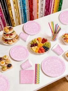 Juego de vajilla desechable de 10 piezas/20 piezas con estampado de brillo rosa, incluye platos, servilletas, vasos de papel rosa claro para fiesta de boda, cumpleaños, baby shower, evento, festival, fiesta de despedida de soltera - Rosa - Ver 6