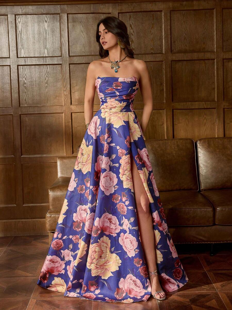 Faeriesty 优雅无肩带晚礼服，露背系带设计，高腰A字裙摆，高开衩，通体大花卉印花，适合婚礼宾客、正式写真、红毯活动、浪漫婚纱照、誓言重温仪式、春假派对等场合。 - 紫色 - 查看 1
