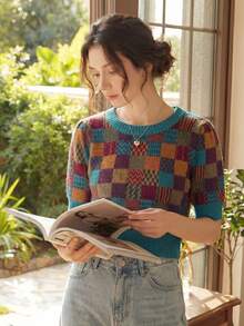 Knit Mix Elegant Women's French Fashion Loose T-Shirt, Knitted Round Neck Plaid Pattern, Suitable For Spring And Summer, Short Sleeve Casual Pullover, Suitable For Valentine's Day, Back To School Season, Autumn And Winter, Also Suitable For Christmas, Thanksgiving And New Year Occasions
