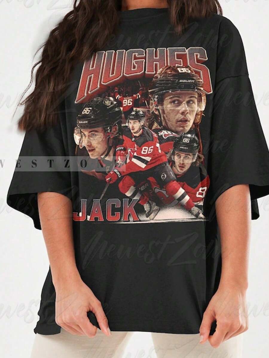 Limited Jack Hughes Shirt Ice Hockey American Professional Hockey Championship Sport Vintage 90S Swe - 黑色 - 查看 1