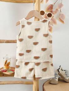 Nouveau style ensemble 2 pièces pour bébé garçon avec Top imprimé à col rond sans manches et shorts mignons, convient pour les vacances et les sorties quotidiennes - Nude - Voir 3