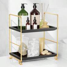 FSyueyun 2-Tier Bathroom Countertop Organizer Tool-Less Installation Premium Plastics Makeup Shelf Organizer Perfume Skincare For Dresser Vanity Tray Organizers And Storage Gold And Black - 金黑 - 查看 2