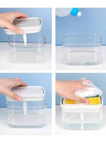 Kitchen Soap Dispenser, Sponge Foamer, Dishwashing Liquid Dispenser, Includes Dish Sponge, Sponge Drainer Rack, Plastic Sink Organizer Rack With Drip Tray, Kitchen Accessories, Suitable For Sink Countertop Storage - Practical Kitchen Tools - Multicolor - View 10