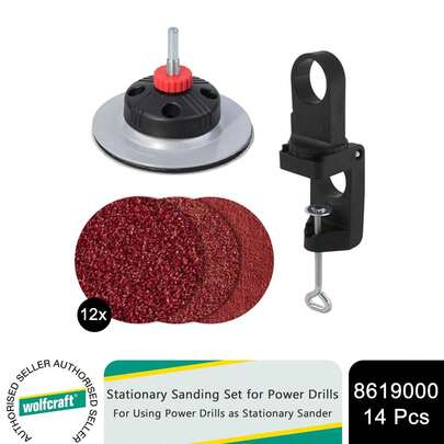 Wolfcraft Stationary Sanding Set For Power Drills, 14 Piece Kit To Convert Drill Into Sander, Ideal For Sanding, Grinding And Polishing Wood, Plastic And Metal Surfaces
